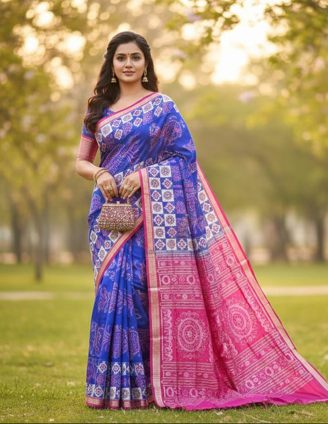 Blue Magenta Fish Pasapali Sambalpuri Silk Saree