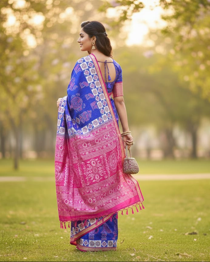Blue Magenta Fish Pasapali Sambalpuri Silk Saree