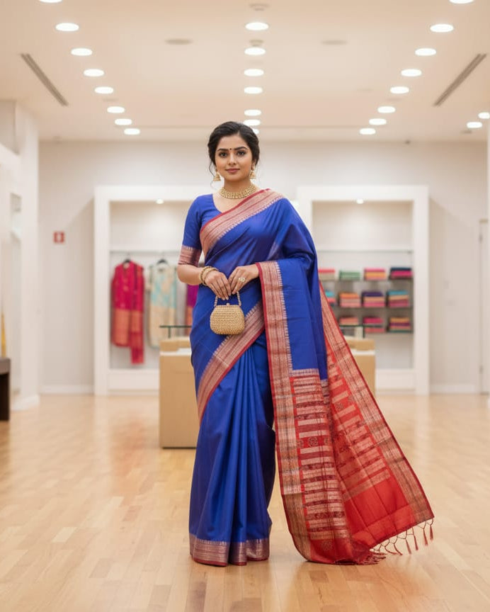 Blue Red Sachipar Odisha Handloom Sambalpuri Silk Saree