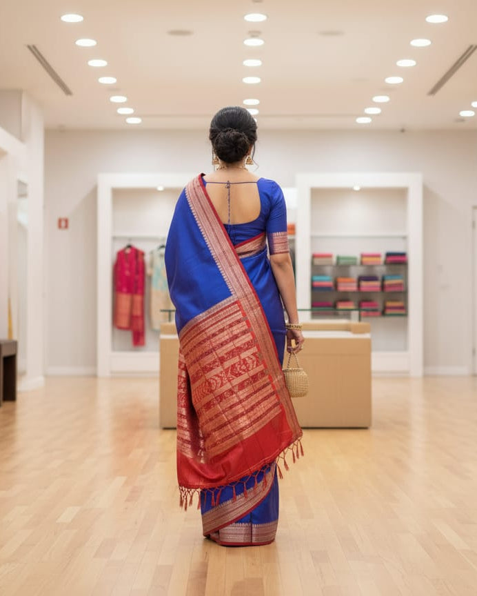 Blue Red Sachipar Odisha Handloom Sambalpuri Silk Saree