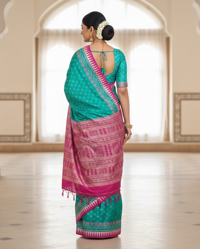 Sea Green Magenta Ek Chandia Odisha Handloom Sambalpuri Silk Saree