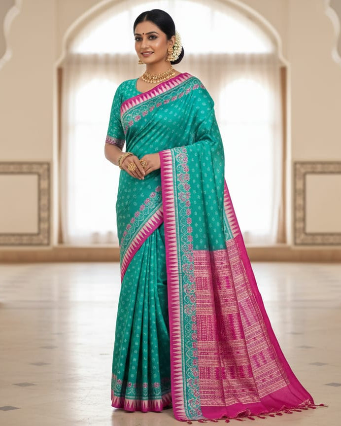 Sea Green Magenta Tribal Ek Chandia Odisha Handloom Sambalpuri Silk Saree