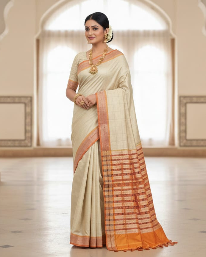 Creame Orange Sachipar Odisha Handloom Sambalpuri Silk Saree