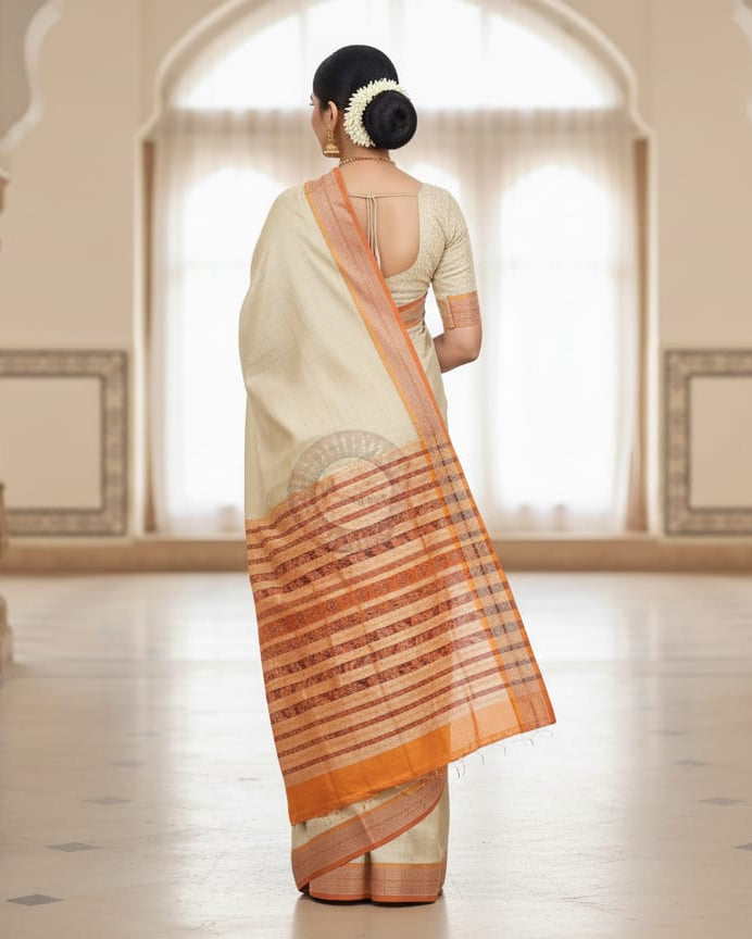 Creame Orange Sachipar Odisha Handloom Sambalpuri Silk Saree