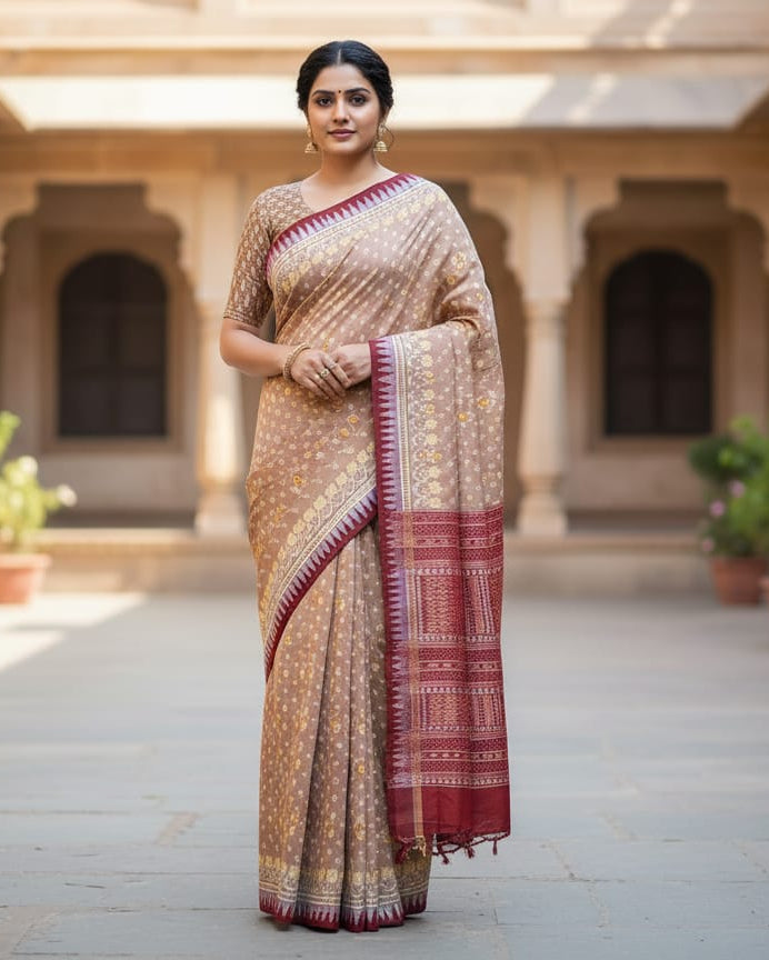 Peach Coffee Pasapali Border Ek Chandia Odisha Handloom Sambalpuri Silk Saree