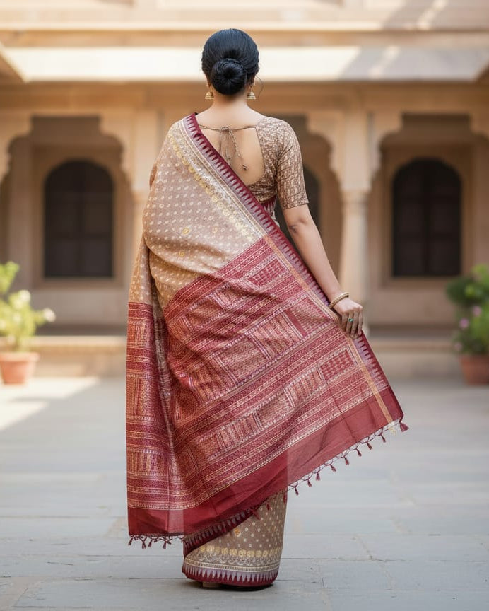 Peach Coffee Pasapali Border Ek Chandia Odisha Handloom Sambalpuri Silk Saree