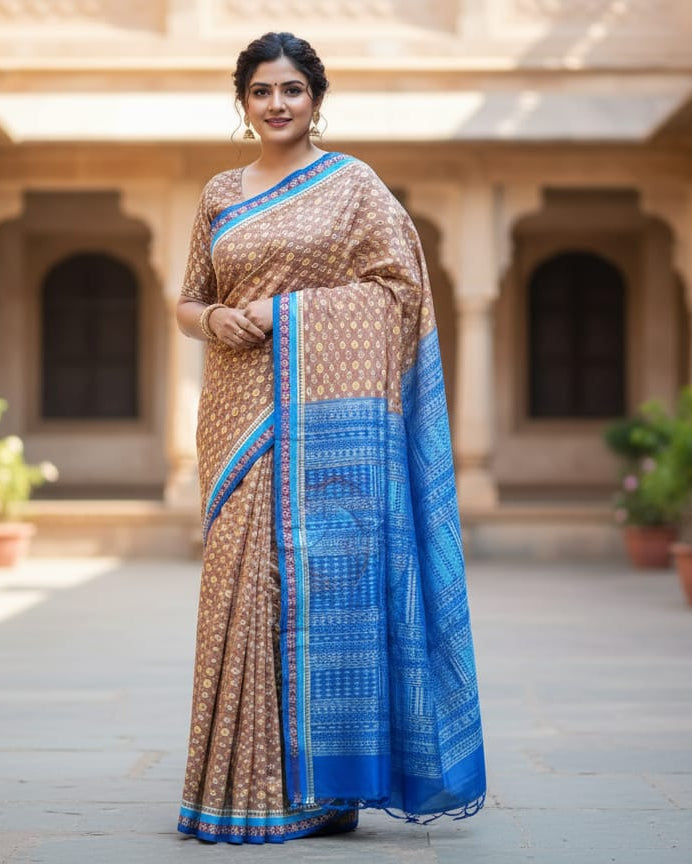 Peach Copper Sulphate Pasapali Border Ek Chandia Odisha Handloom Sambalpuri Silk Saree
