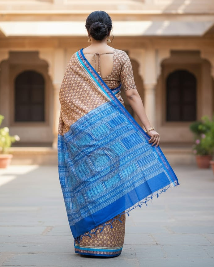 Peach Copper Sulphate Pasapali Border Ek Chandia Odisha Handloom Sambalpuri Silk Saree