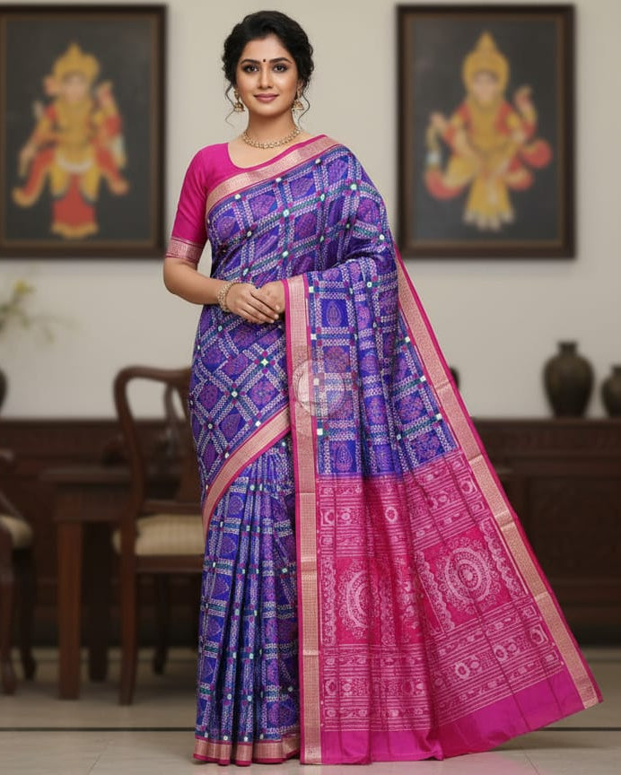 Blue Magenta Flower Pasapali Sambalpuri Silk Saree