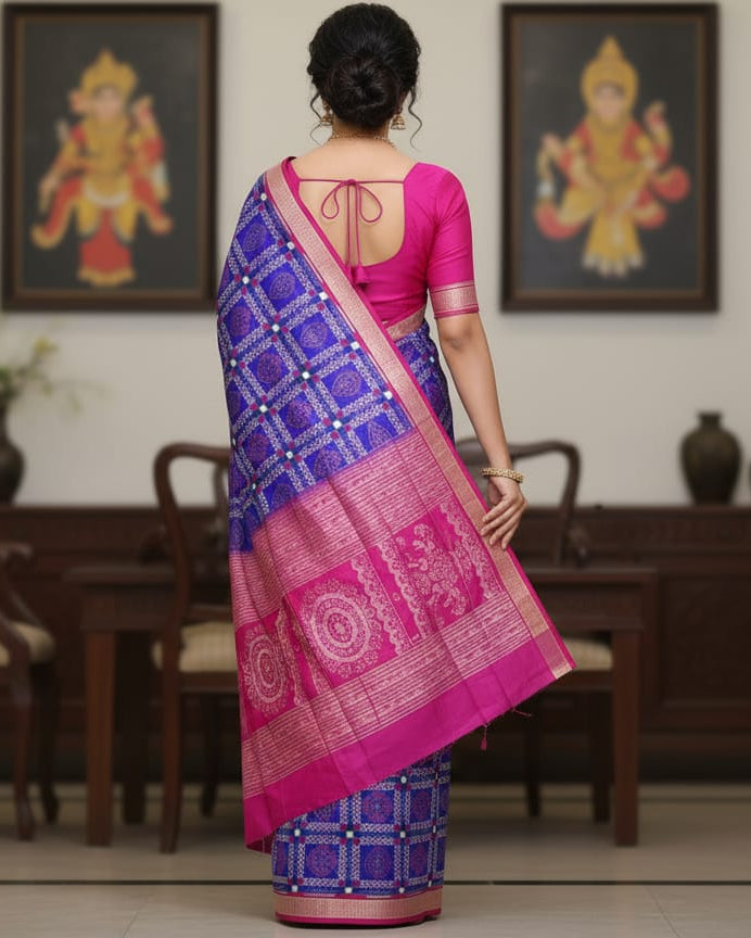 Blue Magenta Flower Pasapali Sambalpuri Silk Saree