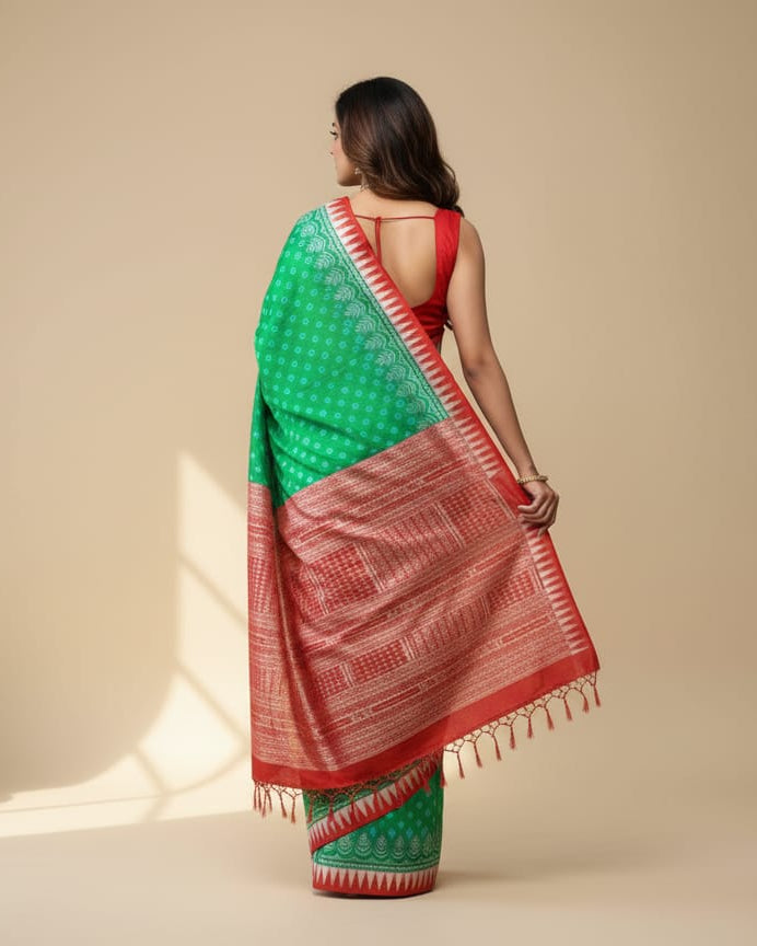 Green Red Flower Design Ek Chandia Odisha Handloom Sambalpuri Silk Saree