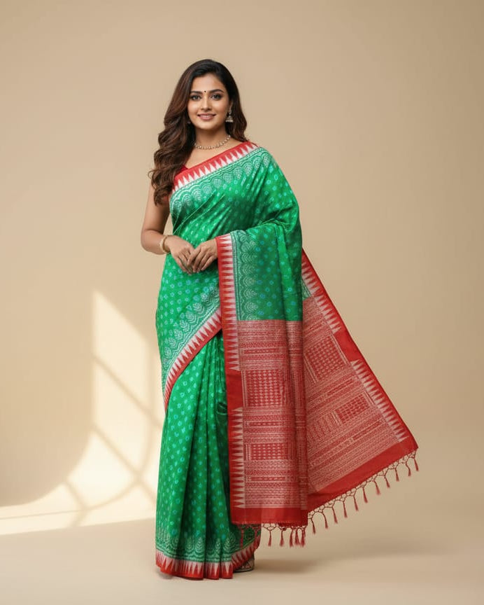 Green Red Flower Design Ek Chandia Odisha Handloom Sambalpuri Silk Saree