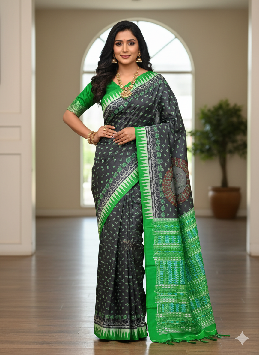 Black Green Flower Ek Chandia Sambalpuri Silk Saree
