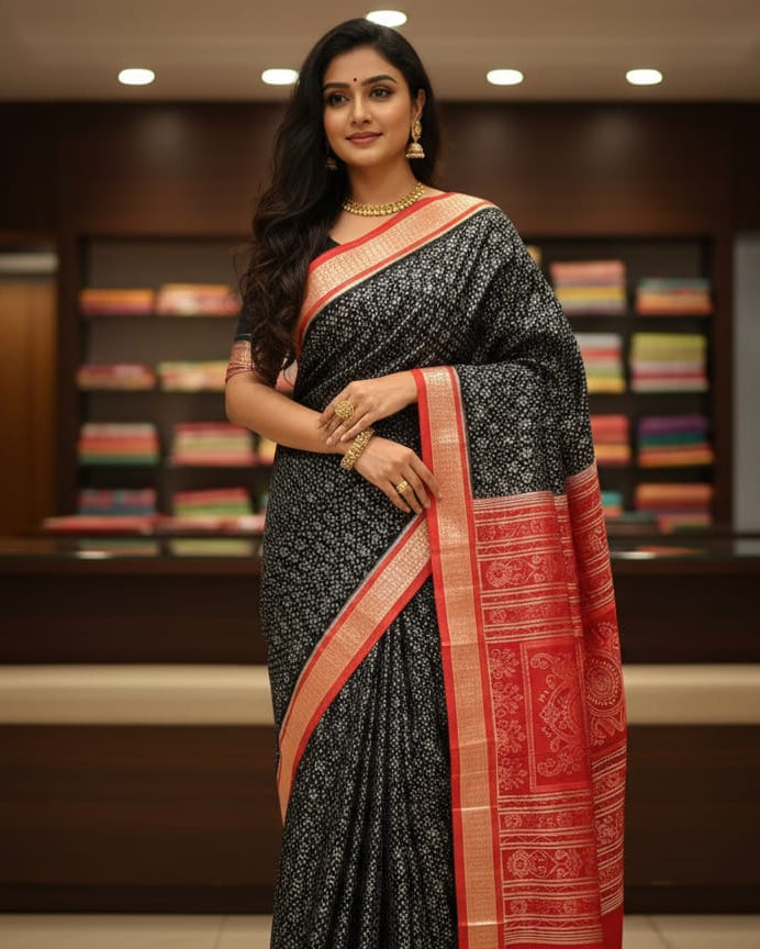 Black Red Ikat Odisha Handloom Sambalpuri Silk Saree