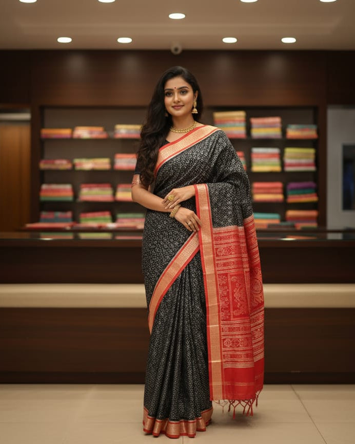 Black Red Ikat Odisha Handloom Sambalpuri Silk Saree