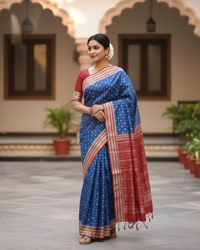 Indigo Blue Maroon Flower Design Natural Dye Sambalpuri Silk Saree