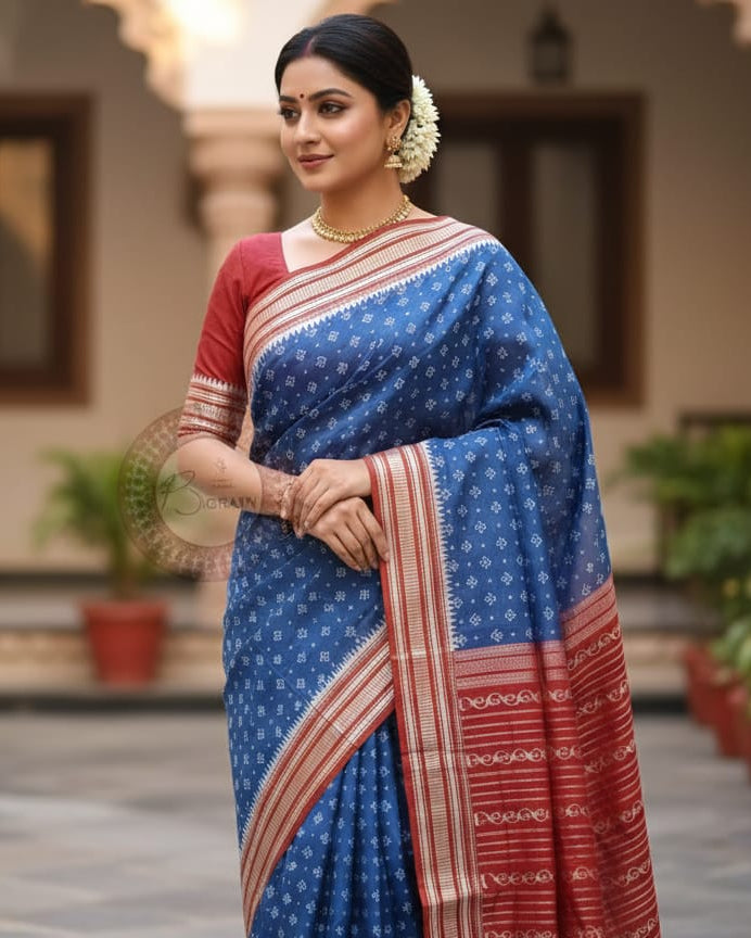 Indigo Blue Maroon Flower Design Natural Dye Sambalpuri Silk Saree