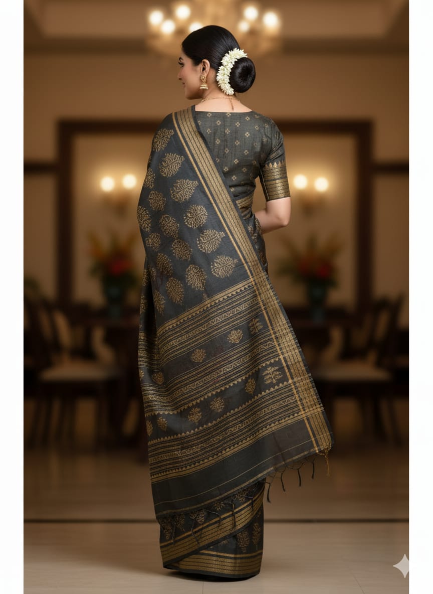Black Golden Tree Natural Dye Sambalpuri Silk Saree