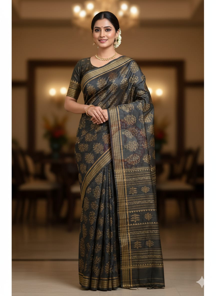 Black Golden Tree Natural Dye Sambalpuri Silk Saree