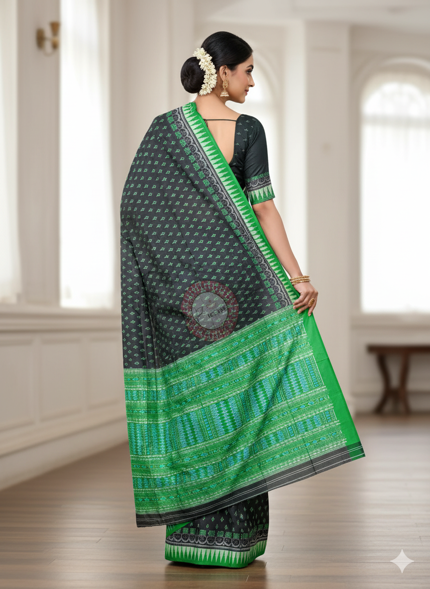Black Green Flower Ek Chandia Sambalpuri Silk Saree