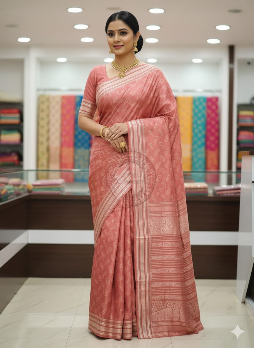 Peach Pink Fish Design Natural Dye Sambalpuri Silk Saree