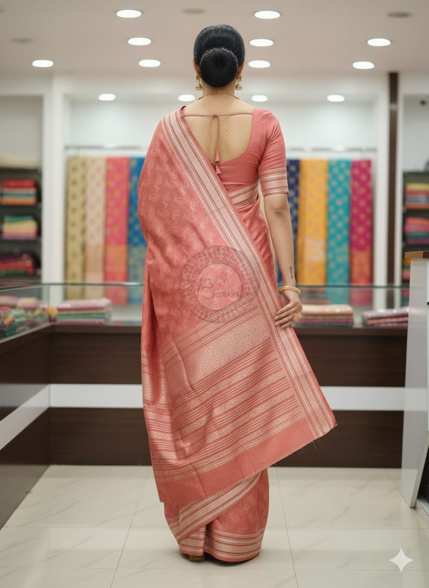 Peach Pink Fish Design Natural Dye Sambalpuri Silk Saree