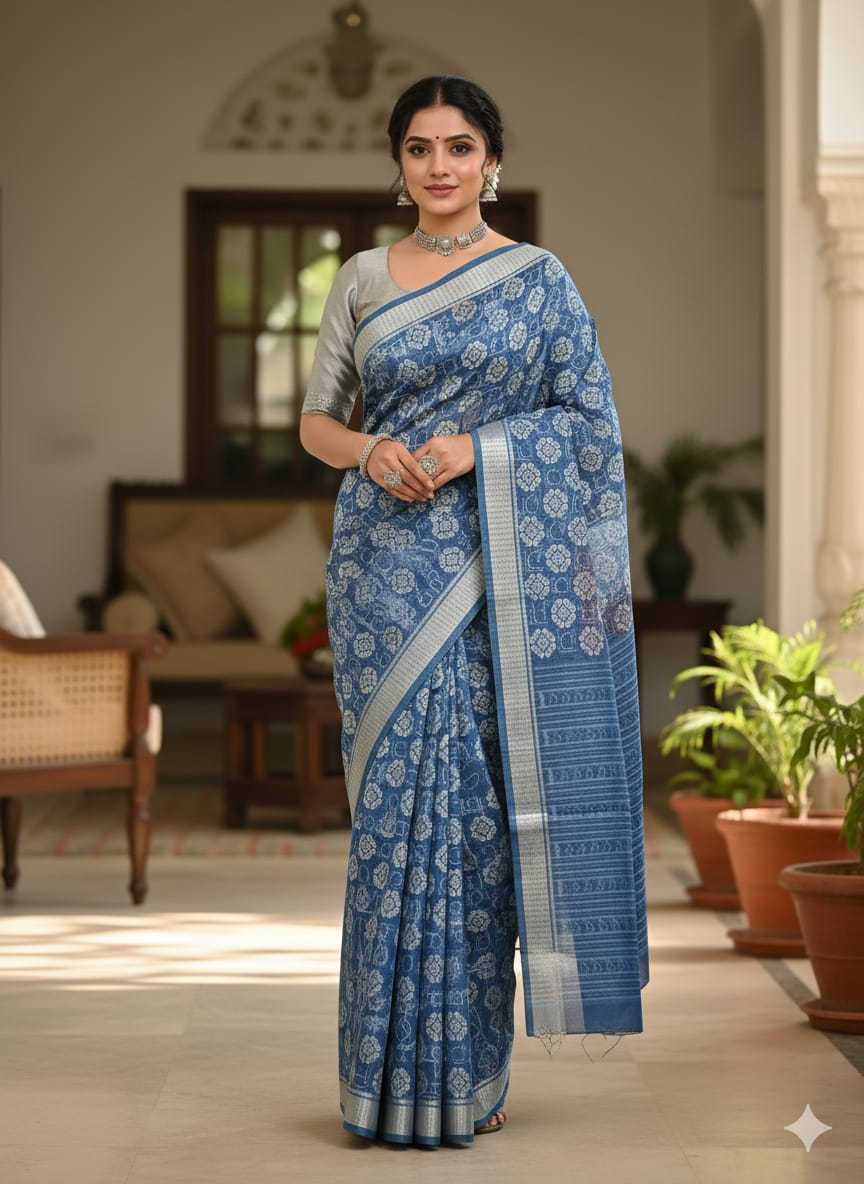 Indigo Blue Maa Design Natural Dye Silk Saree