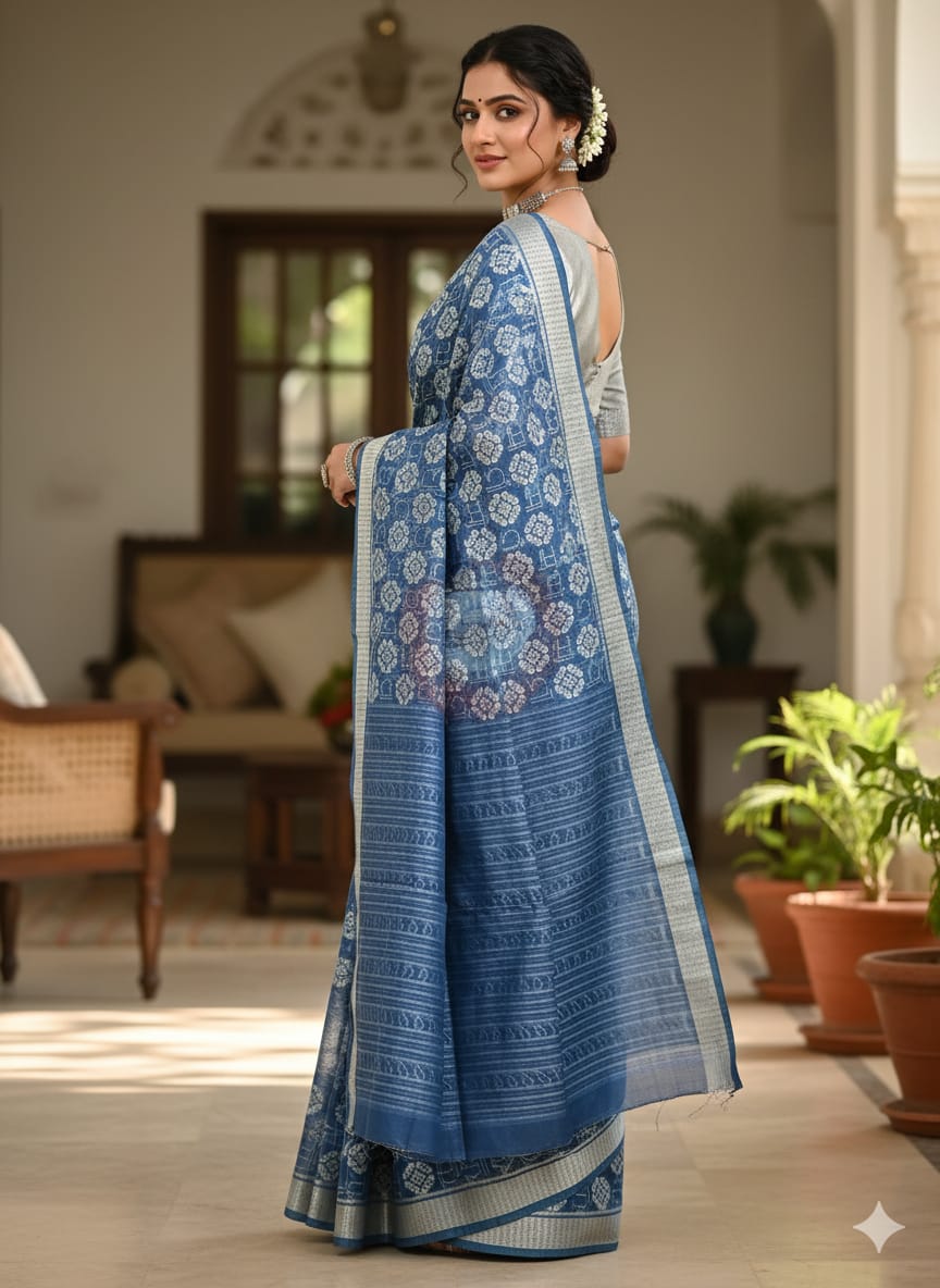 Indigo Blue Maa Design Natural Dye Silk Saree