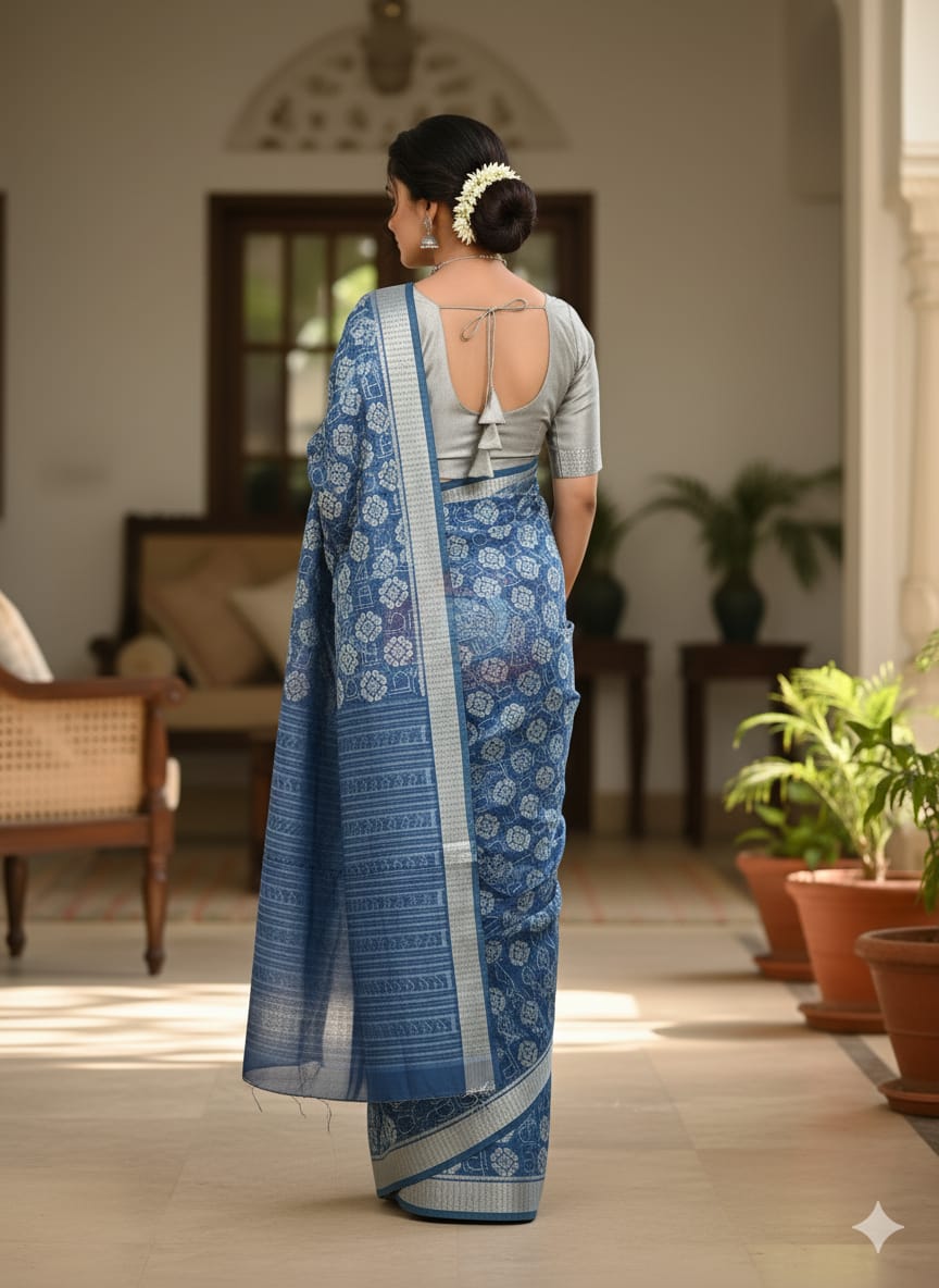 Indigo Blue Maa Design Natural Dye Silk Saree