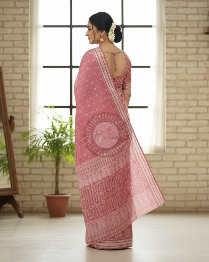 Onion Pink Fish Flower Design Natural Dye Sambalpuri Silk Saree