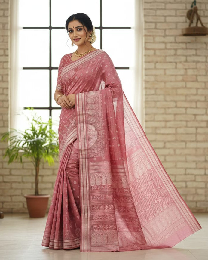 Onion Pink Fish Flower Design Natural Dye Sambalpuri Silk Saree