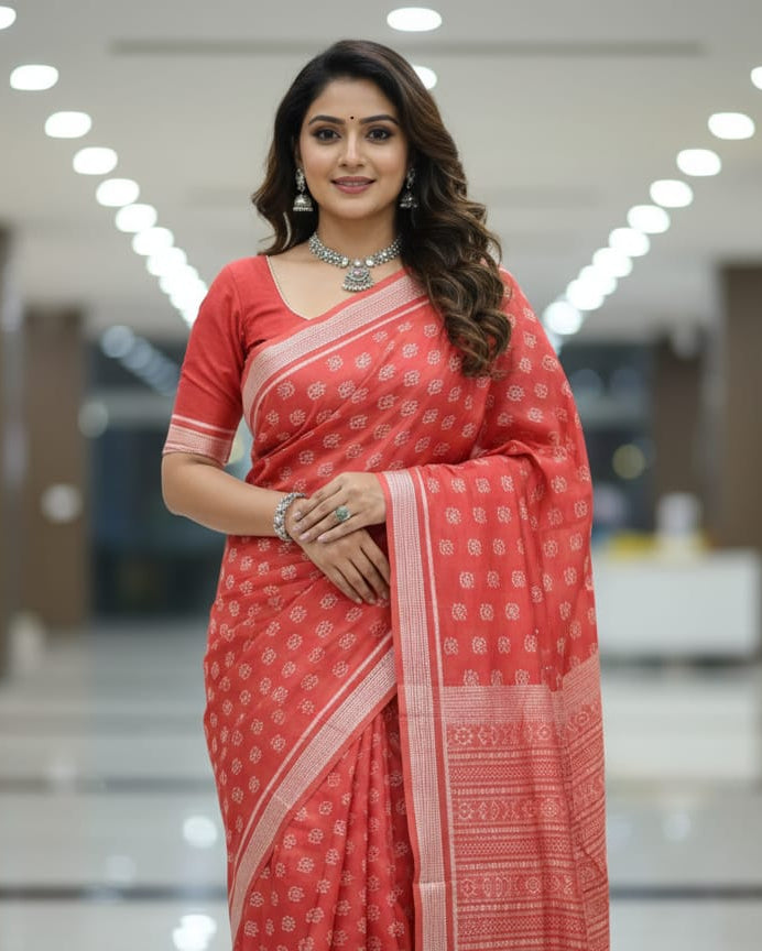 Maroon Leaf Design Natural Dye Sambalpuri Silk Saree