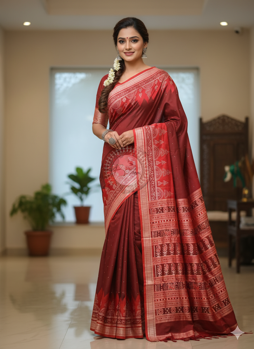 Maroon Red Scot Chita Design Sambalpuri Silk Saree