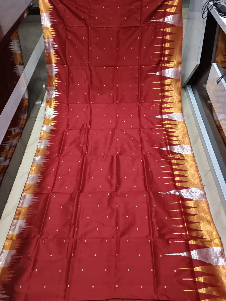 Maroon Golden & Silver Phoda Kumbha Half Tissue Sambalpuri Silk Saree
