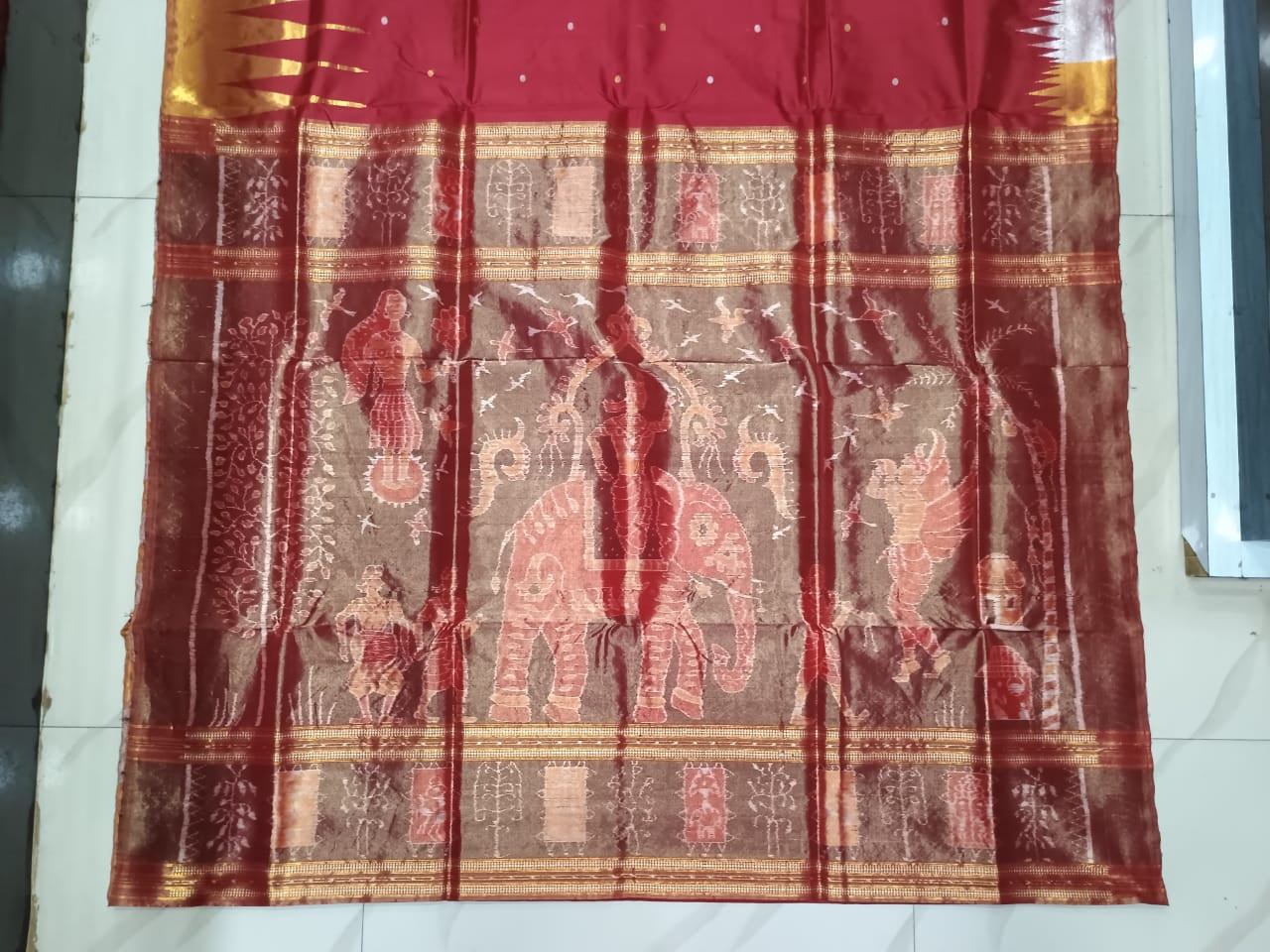 Maroon Golden & Silver Phoda Kumbha Half Tissue Sambalpuri Silk Saree