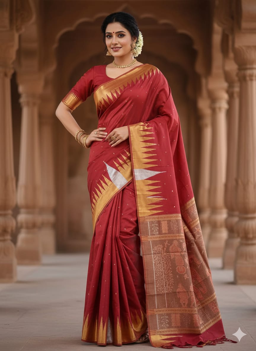 Maroon Golden & Silver Phoda Kumbha Half Tissue Sambalpuri Silk Saree