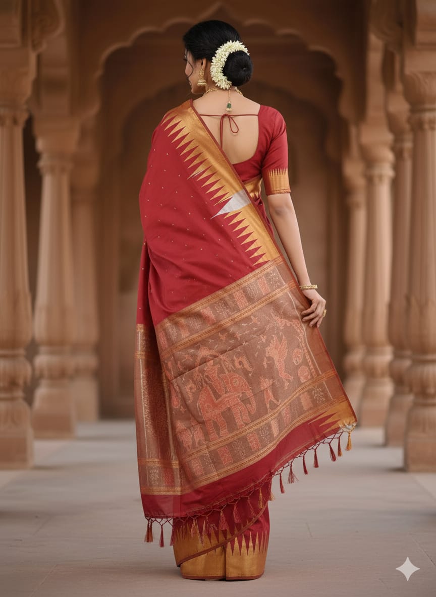 Maroon Golden & Silver Phoda Kumbha Half Tissue Sambalpuri Silk Saree