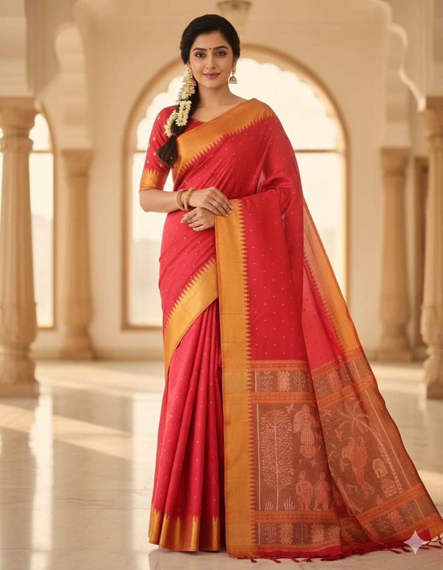 Red Golden Phoda Kumbha Half Tissue Sambalpuri Silk Saree