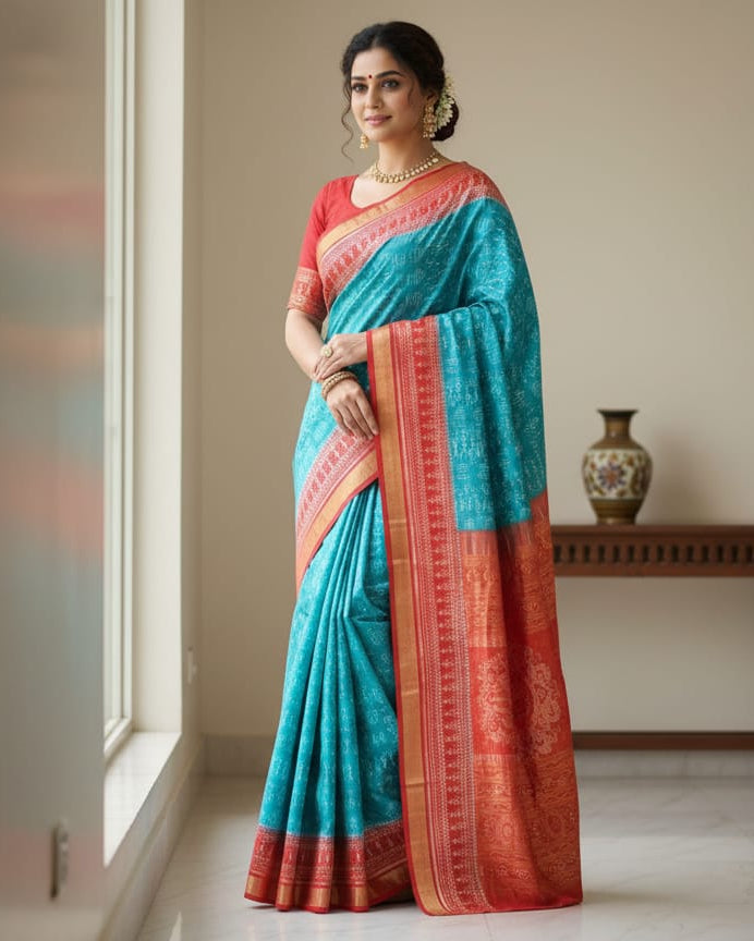 Copper sulphate Red Tribal And Tree Half Tissue Sambalpuri Silk Saree