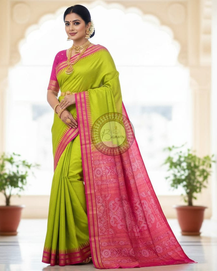 Neon Green Magenta Buti Bomkai Half Tissue Silk Saree