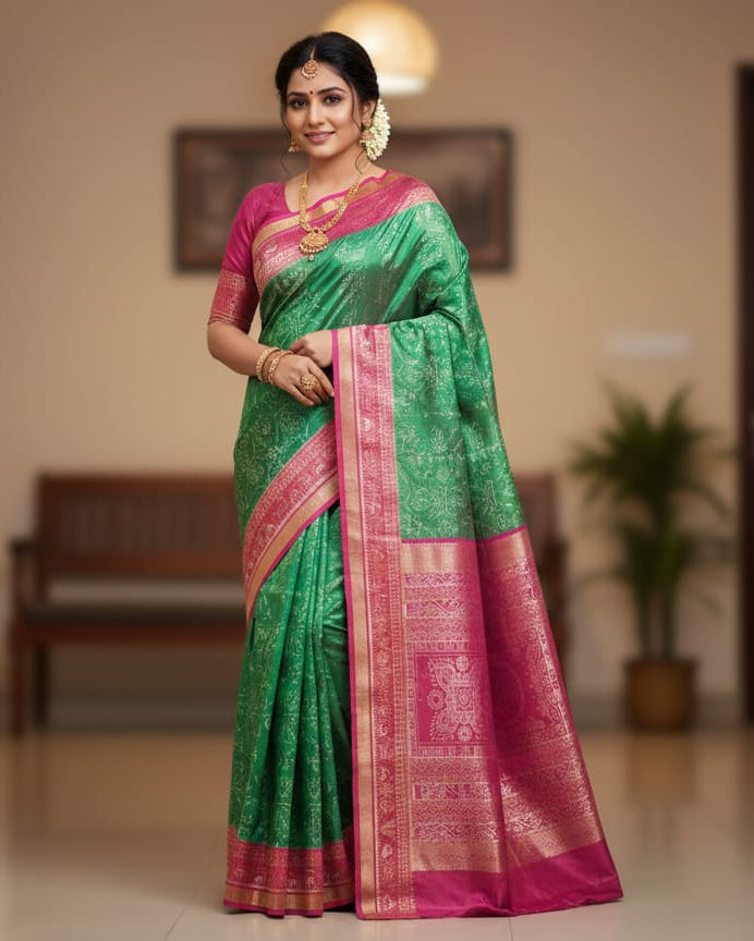 Sea Green Magenta Tribal Family Tissue Sambalpuri Silk Saree