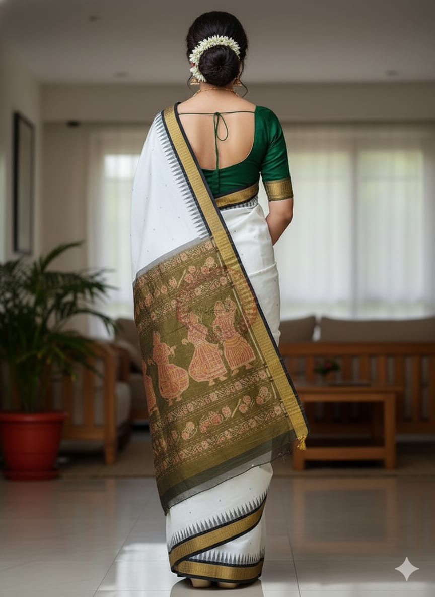 White Black Buti Bomkai Half Tissue Silk Saree