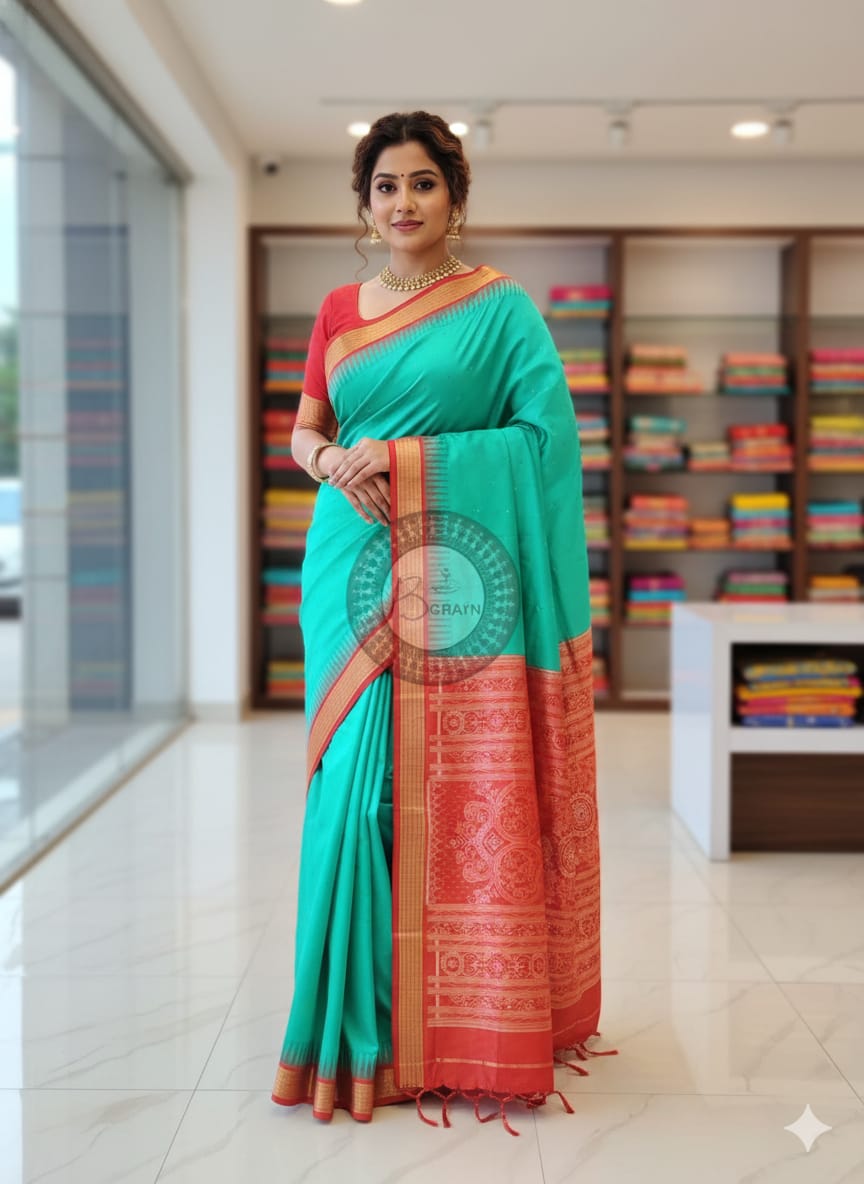 Sea Green Red Buti Bomkai Half Tissue Silk Saree