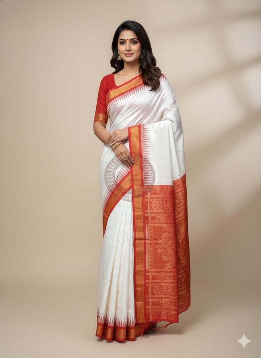 White Red Buti Bomkai Half Tissue Silk Saree