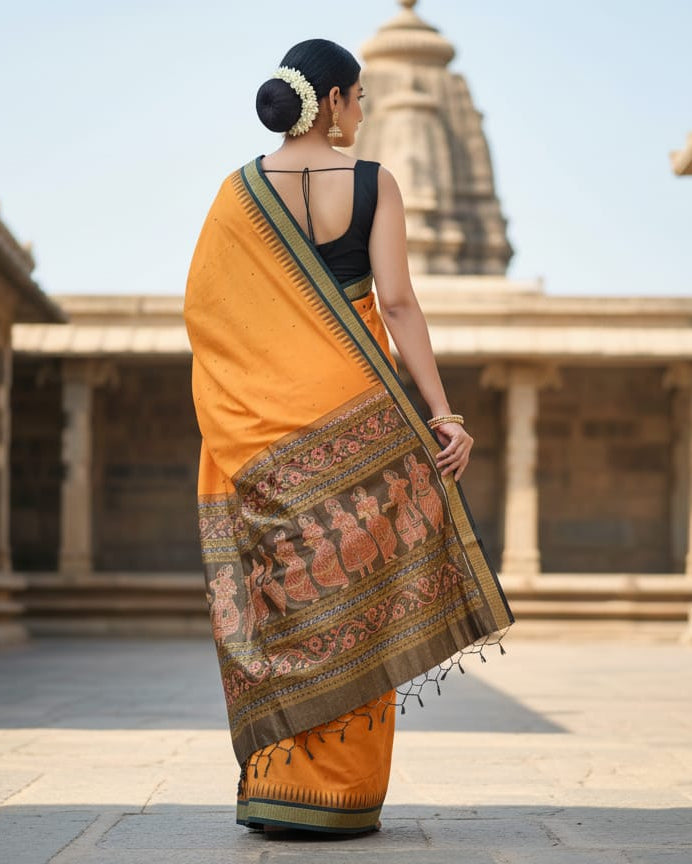 Orange Black Buti Bomkai Half Tissue Silk Saree