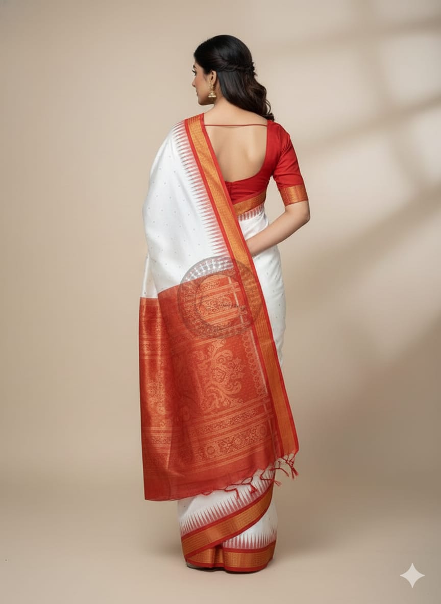 White Red Buti Bomkai Half Tissue Silk Saree