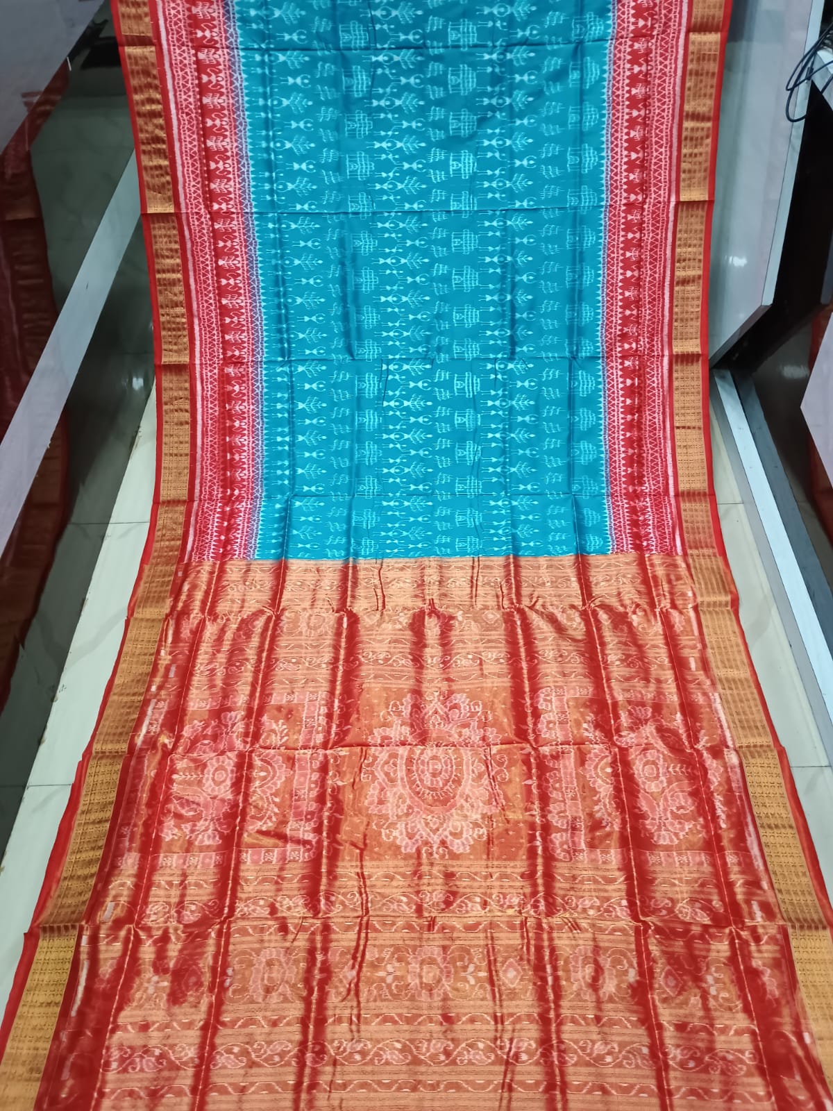 Copper sulphate Red Tribal And Tree Half Tissue Sambalpuri Silk Saree