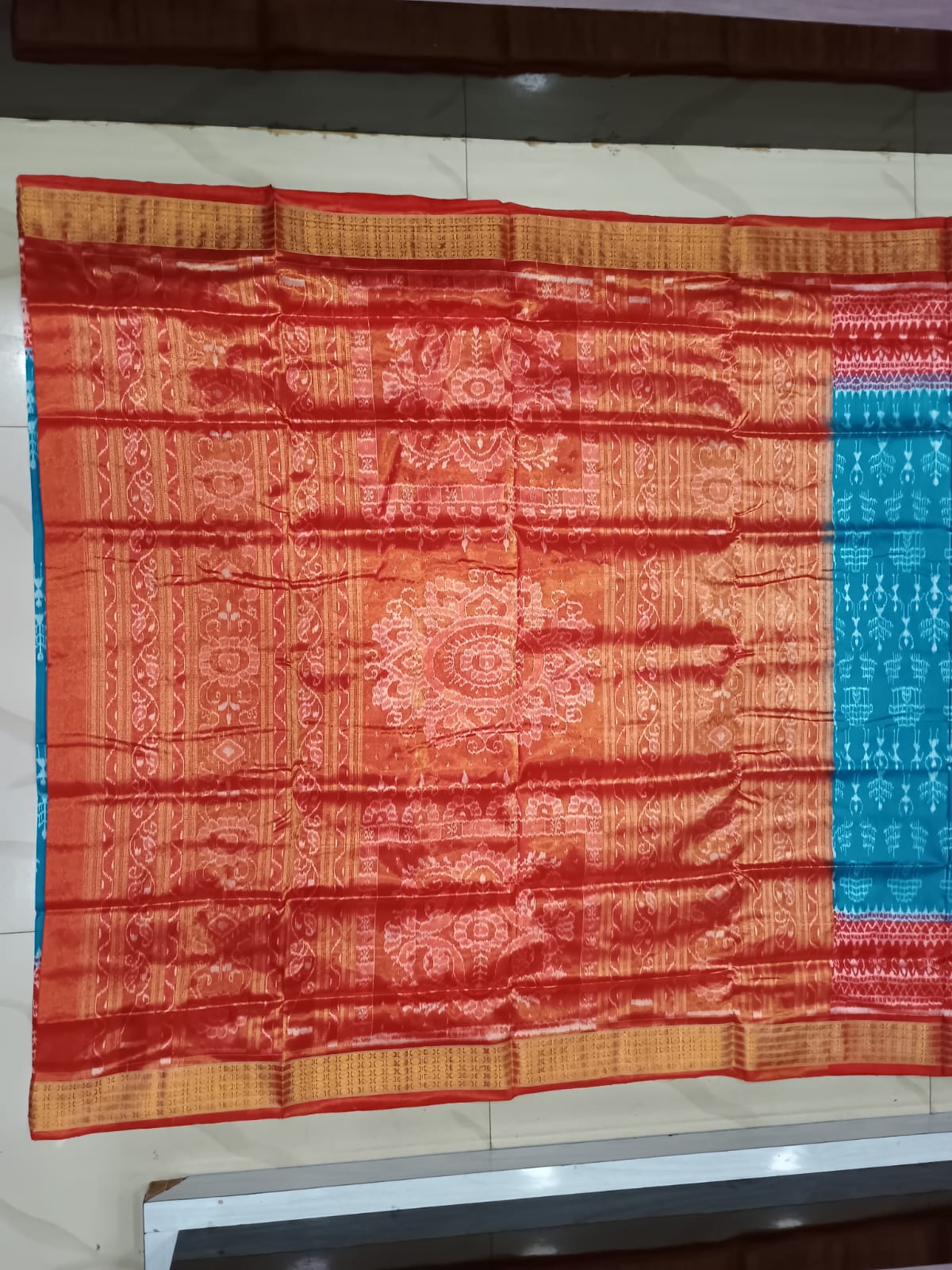 Copper sulphate Red Tribal And Tree Half Tissue Sambalpuri Silk Saree