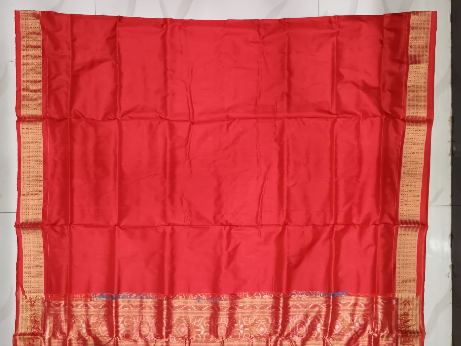 Copper sulphate Red Tribal And Tree Half Tissue Sambalpuri Silk Saree