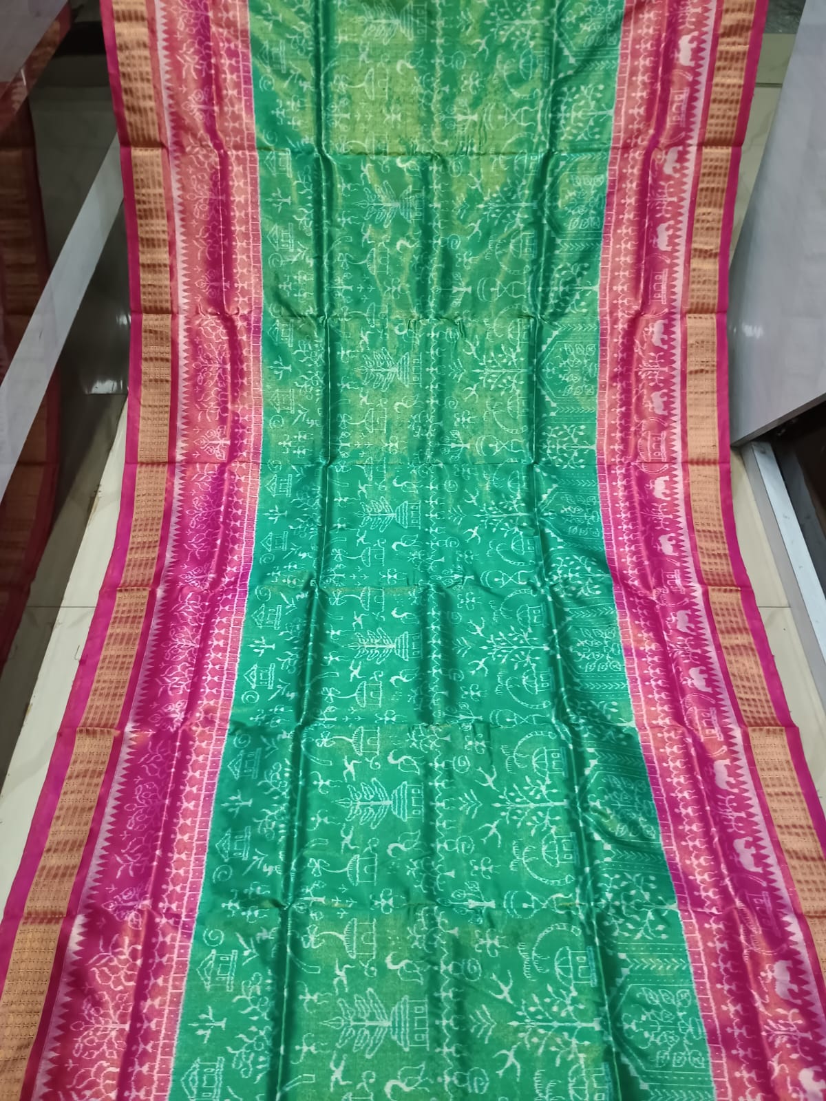 Sea Green Magenta Tribal Family Tissue Sambalpuri Silk Saree